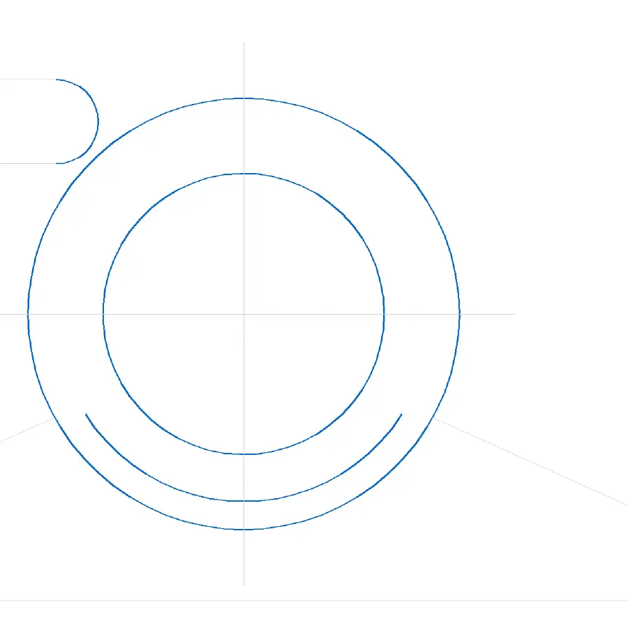 Close-up of the converted DXF around the central boss: the circles and arcs are highlighted in blue, showing they are single curved entities rather than chains of short straight segments.